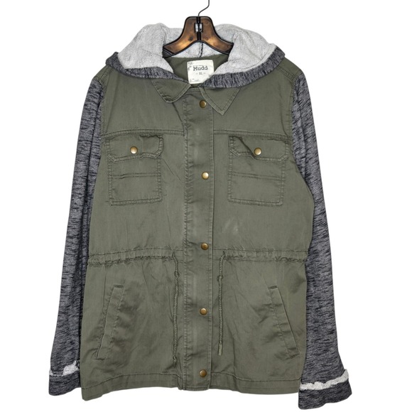 Mudd Jackets & Blazers - Mudd Olive Green Utility Anorak Jacket XL Gray Knit Sleeve Hoodie Military Indie